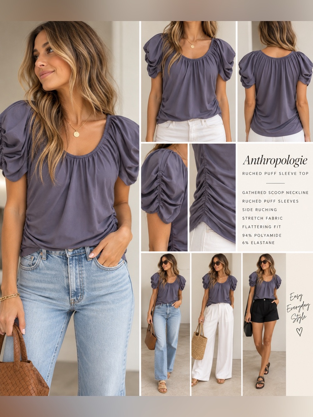 Anthropologie Purple Ruched Puff Sleeve Stretch Top Blouse Size Large